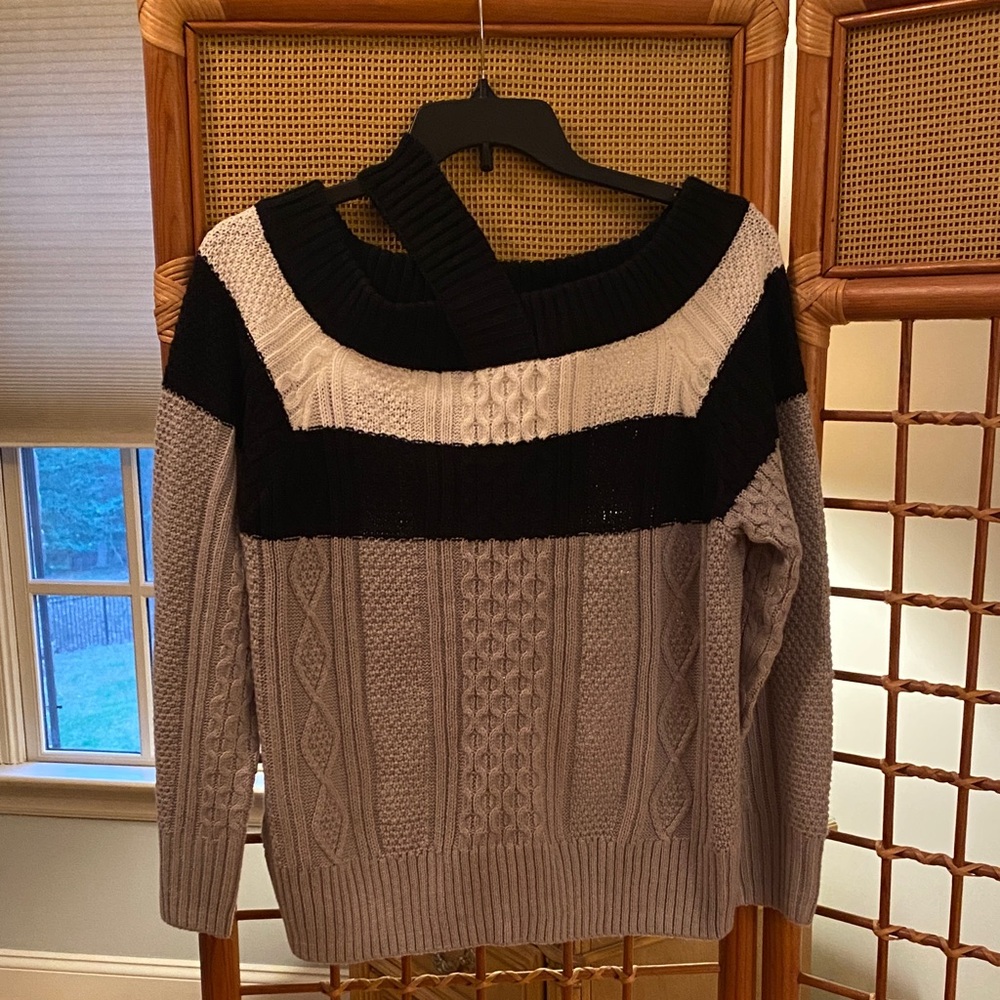 New York & Company Off-Shoulder Cable Knit Sweater in Black, White & Gray